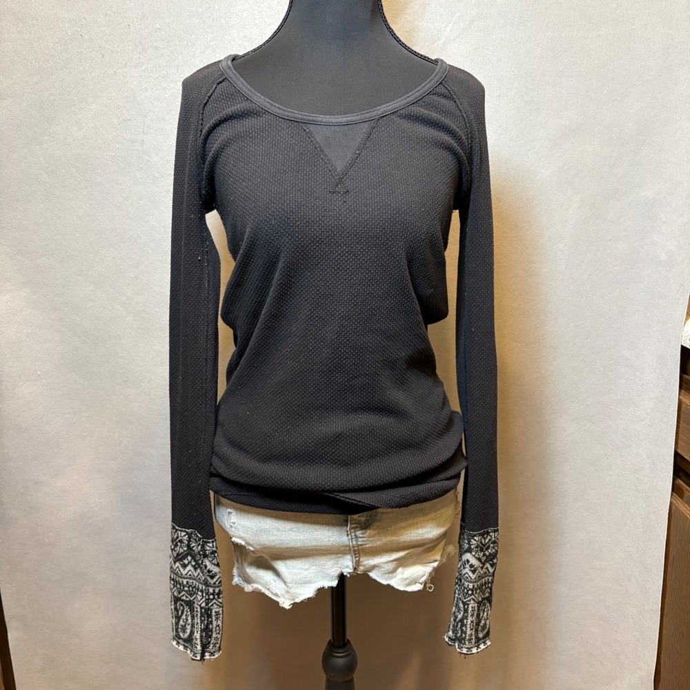 We The Free Free People Waffle Knit Thermal Top Paisley Studded Cuff Black Large